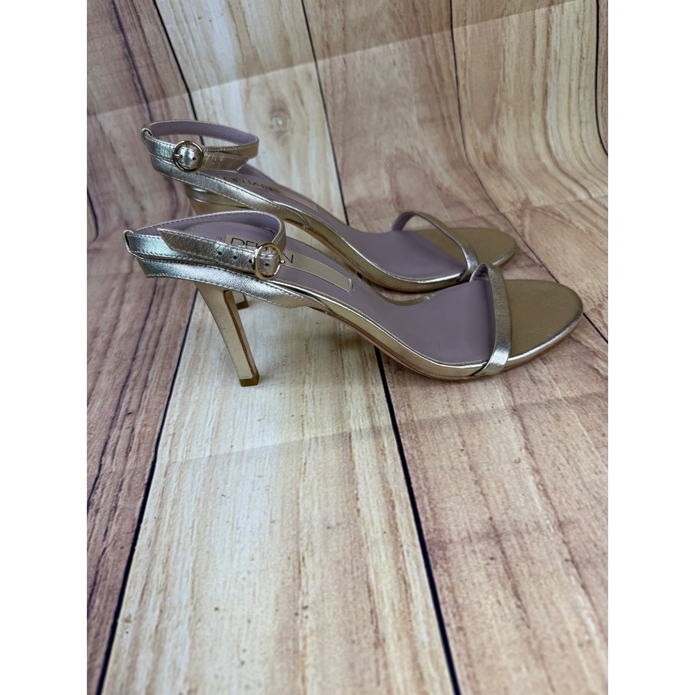 Deltan Womens Gold Metallic Leather Ankle Strap Stiletto Heels Sandals Size 8.5M